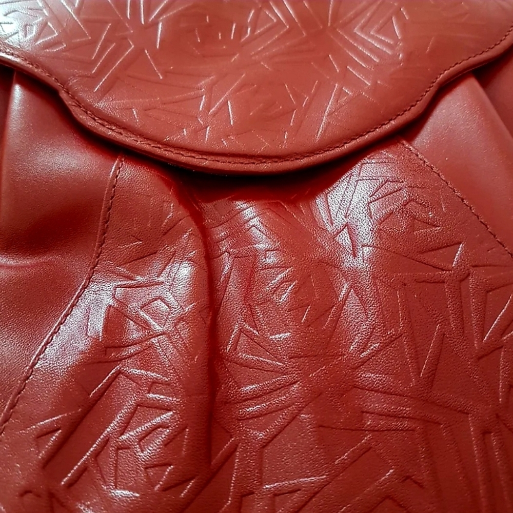 Italian Red Leather Shoulder Bag with Removable Strap - Convertible Clutch Purse - Picture 9 of 10